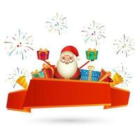 Illustration of santa claus holding gift boxes and party popper on white fireworks background with empty red ribbon given for your message. vector