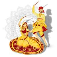 Illustration of couple in dandiya dance pose on white mandala floral background. vector