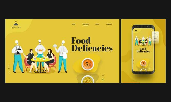 Online Restaurant app in smart phone with chef ordering with serving food to customers sitting on dining table for Food Delicacies.