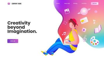 Web banner or landing page design with young boy beyond imagination listen music with open different website app in laptop on abstract background. vector