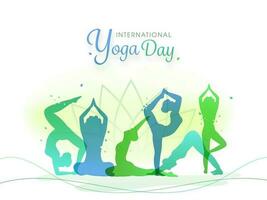 International Yoga Day Font with Silhouette Women Practicing Yoga in Different Poses on Abstract Lotus Flower Background. vector