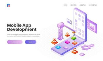 Isometric illustration of multiple application, apps under maintenance by tower crane in smartphone screen for Mobile App Development concept based landing page design. vector