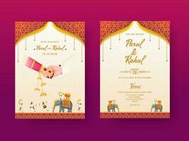 indio Boda invitación tarjeta, modelo diseño con lugar de eventos detalles en frente y espalda vista. vector