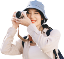 Asian woman traveler using camera and travel cutout isolated transparent background png