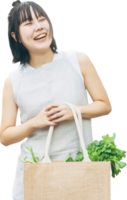 Asian woman hand holding reusable cloth bag with vegetable cutout isolated transparent background png