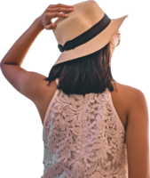 Rear view of adult traveler woman with hat isolated transparent background png