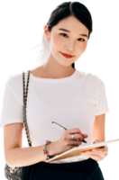 Geschäft Süd-Ost asiatisch Frau mit Digital Tablette ausgeschnitten isoliert durchsichtig Hintergrund png