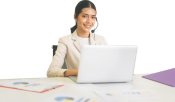 Business asian woman callcenter using laptop computer isolated transparent background png