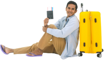 Cutout isolated full body of asian man with yellow travel luggage holding passport and airplane ticket png