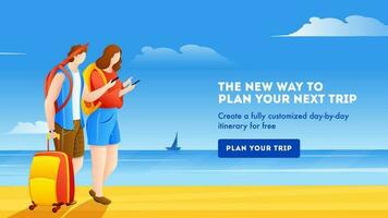 Landing page design with illustration of female and male tourist planning to next trip on beach view background. vector