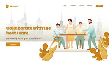 Collaborate with the best team concept based landing page design with business people working together on workplace and city view background. vector