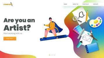 Landing Page or Web Template Design with Flying Man from Pen and Realistic Graphic Designing Tool on Abstract Background. vector