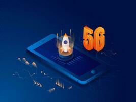 en línea cohete y empresa proyecto lanzamiento de 5g datos desde teléfono inteligente para rápido red servicio. vector