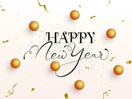 Black Calligraphy of Happy New Year Text with 3D Golden Spheres and Confetti Ribbon Decorated on Light Pink Background. vector