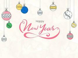 Calligraphy of Happy New Year and line art style baubles hang on pink watercolor effect background. Can be used as greeting card design. vector