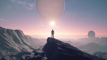 man atop mountain gazes at new horizon, digital art illustration, photo