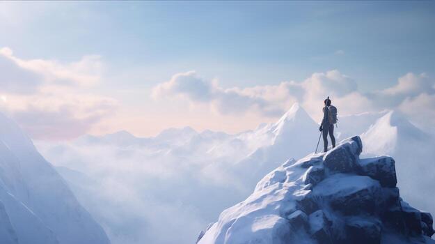 adventurer stand atop snow mountain, digital art illustration, photo