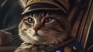 portrait regal cat in vintage military suit, digital art illustration, photo