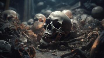 haunting scene of humans skulls and debris, digital art illustration, photo