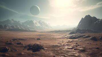 barren alien world dusty terrain, digital art illustration, photo