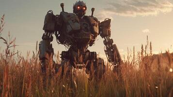 rusty ancient robot in the field, digital art illustration, photo