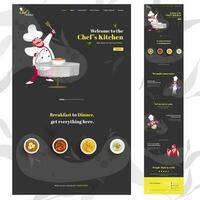 Chef's Kitchen web vertical banner design with cartoon chef character presenting dishes on black background and given services. vector
