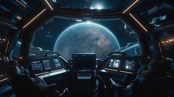 spaceship cockpit with planet, digital art illustration, photo