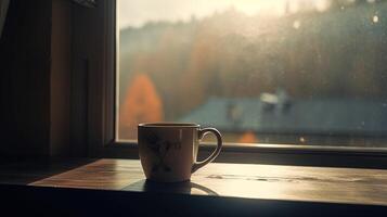 cozy scene coffee mug on window, digital art illustration, photo