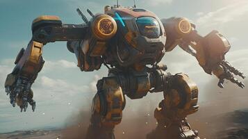 fighting robot on battle, digital art illustration, photo