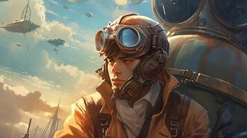 sky captain pilot, digital art illustration, photo