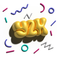 Raster 3d modeling clay word - Y2K. Realistic 3d render lettering with metallic confetti. Creative colorful design for banner and cover. Volume bubble style. png