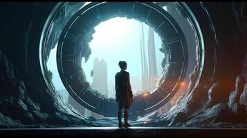 traveler with portal, digital art illustration, photo