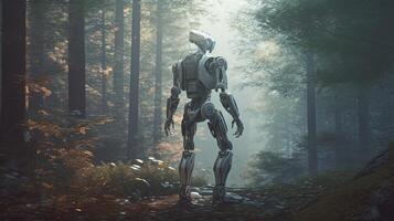 modern robot in the woods, digital art illustration, photo