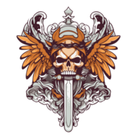 Skull in helmet with wings and sword on transparent background for tattoo or t-shirt design png