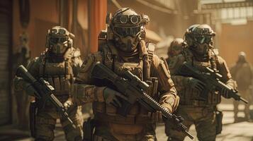 team of soldiers in full gear, digital art illustration, photo