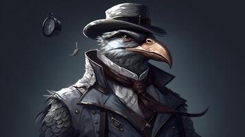 anthropomorphic grey bird, digital art illustration, photo