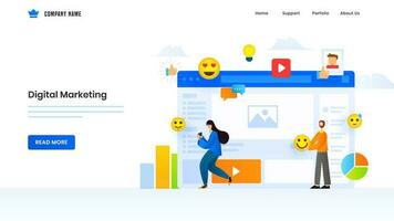 Digital Marketing concept based landing page design with man and woman using online social media elements. vector