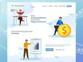 Building Amazing Software with Business Growth and Success Concept based Web Banner Design with Businessman Character. vector