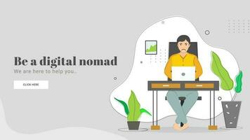 Illustration of man working in laptop on workplace for Be a digital nomad concept based landing page design. vector