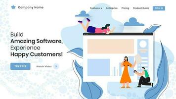 Landing page design with people website development process for Build Amazing Software, Experience Happy Customers service. vector