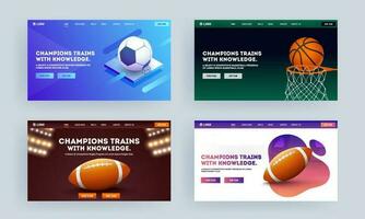 sensible aterrizaje página diseño con baloncesto meta, fútbol americano y rugby pelota en cuatro color opción para campeón trenes con conocimiento. vector