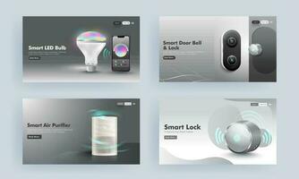 Futuristic LED bulb connected by smartphone with air purifier machine, lock and doorbell for Smart Gadgets landing page design or hero shots. vector