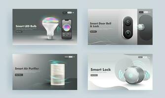 Futuristic LED bulb connected by smartphone with air purifier machine, lock and doorbell for Smart Gadgets landing page design or hero shots. vector