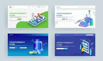 Online Pharmacy Store landing page design with medical elements in four option. vector