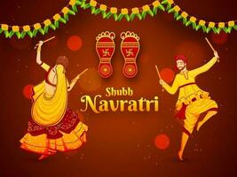 Vector illustration of man and woman dancing with dandiya stick, Goddess Laxmi footprint on shiny brown bokeh lighting background for Shubh Navratri poster or banner design.
