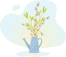 Willow branches in a blue watering can, a spring illustration, bouquets of flowers in pot png