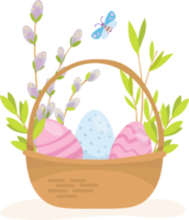 Easter basket with eggs and willow, Happy easter concept png