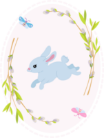 Easter card, cute blue bunny in a wreath of willow sprigs. greeting card png