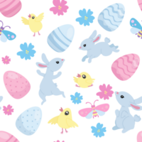 Happy Easter seamless pattern, cute blue bunnies and pastel Easter eggs and yellow chickens, bugs png