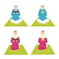 sin rostro joven musulmán hombre y mujer ofrecimiento namaz oración en cuatro opciones vector